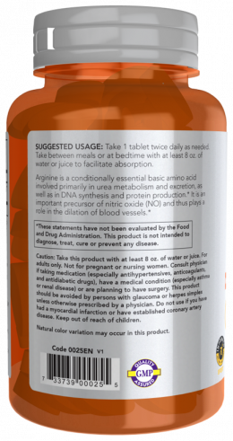 NOW Double Strength Arginine 1000 mg, Аргинин Двойная сила 1000 мг, 60 таблеток