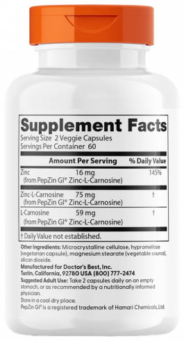 Doctor's Best PepZinGL, Хелат цинка + L-карнозин, 120 капсул